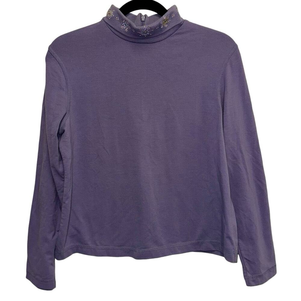Koret Petites Lavender Embroidered Mock Neck Top Women's Medium